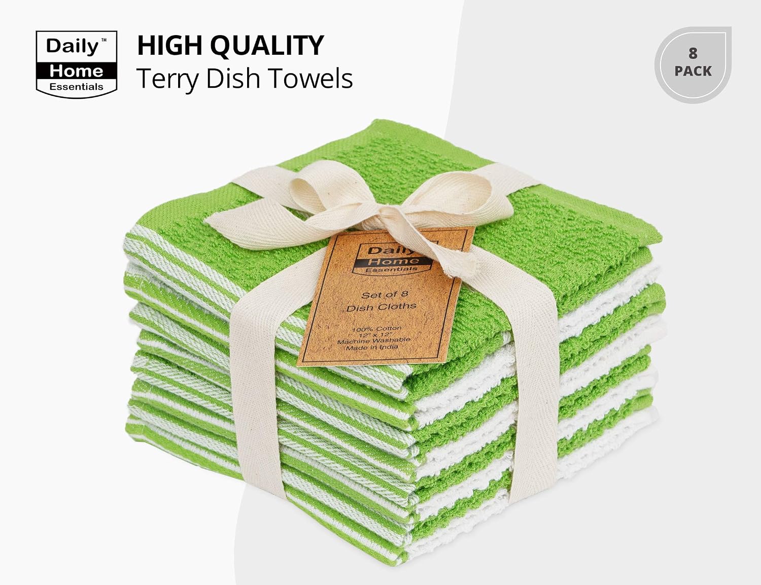 DAILY HOME ESSENTIALS - 8 Pack Cotton Terry Dish Cloth Set (12 x 12 inch - Green, Ribbed Design) | Quick Dry Kitchen Rag | Absorbent Cafe, Bar & Restaurant Cleaning WashCloth