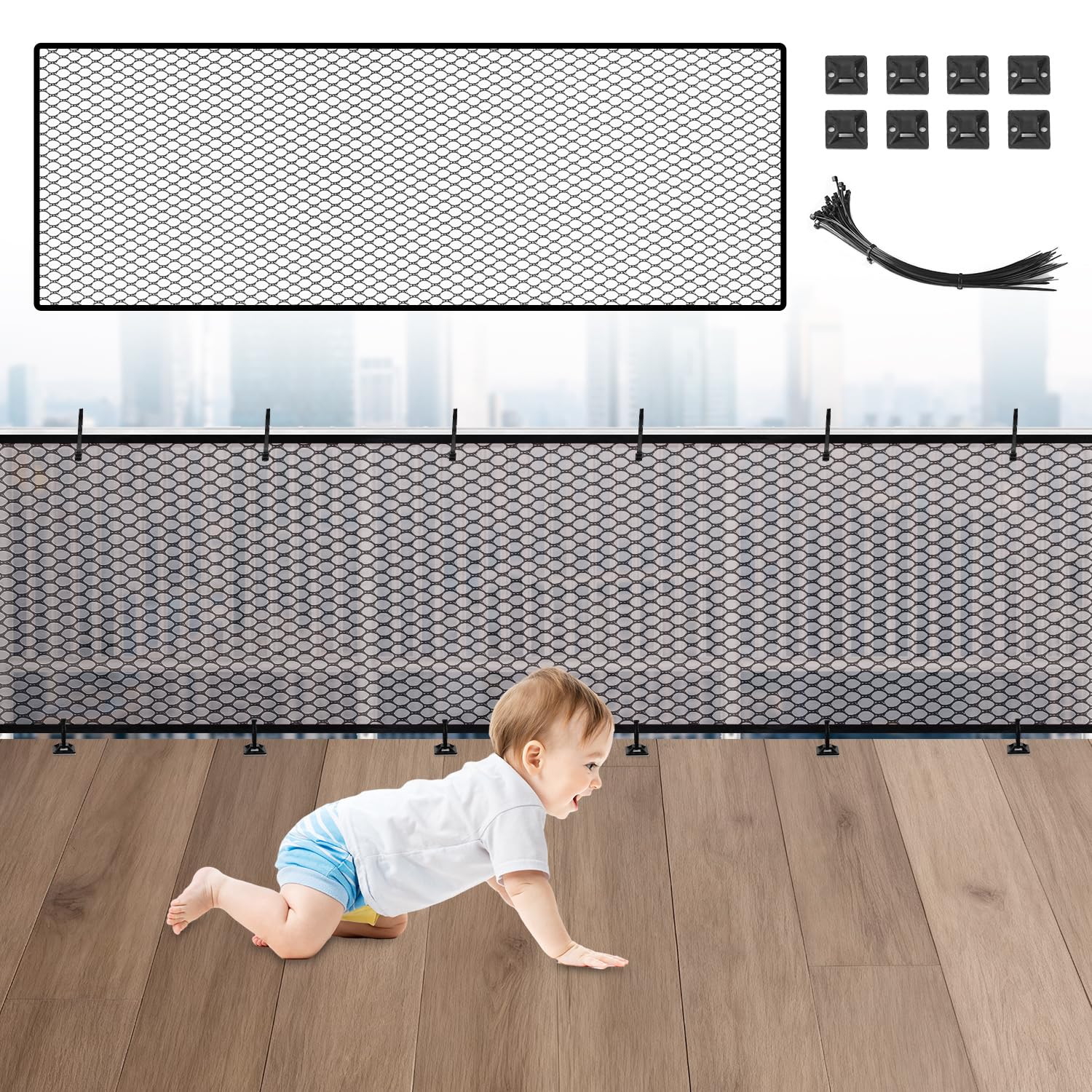 Red de Seguridad Infantil, Red de Seguridad Niños para Escaleras, Barandillas y Vallas, Reds de protección para Balcones robustas y Ajustable para niños, Mascotas y Juguetes, 300 x 90 cm, Negro