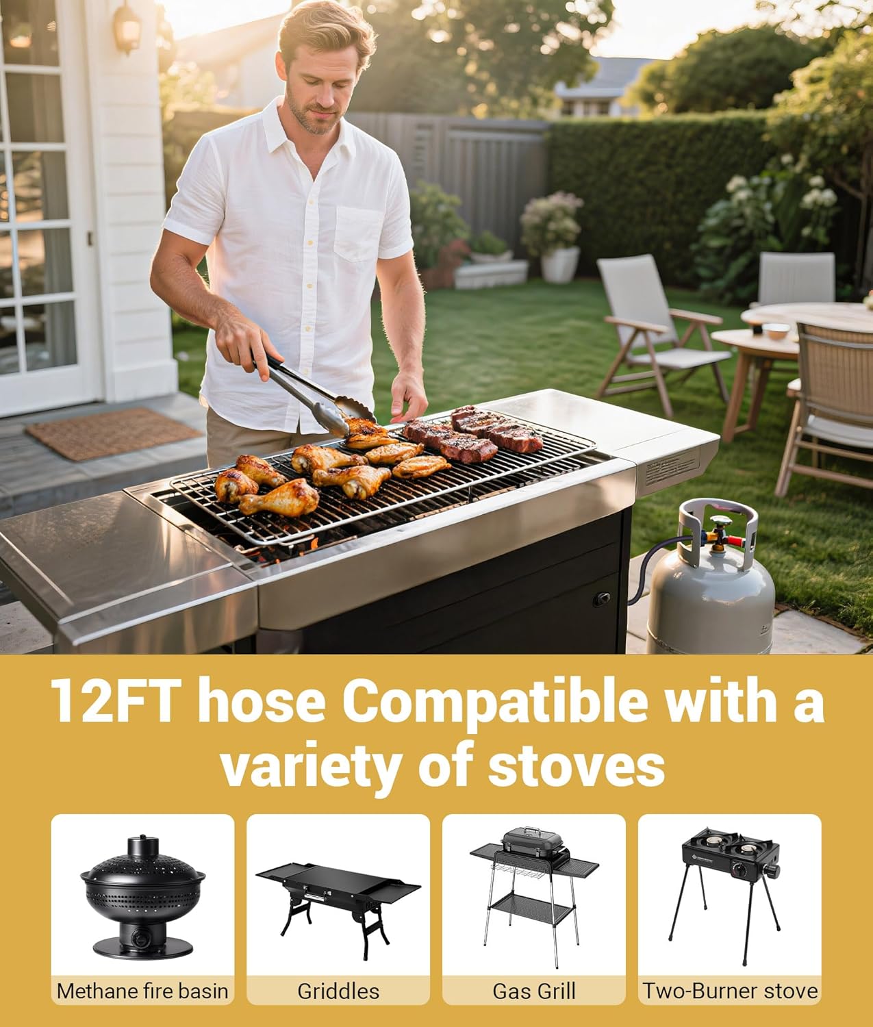 DPB 12 FT Propane Extension Hose with Gauge, Acme to Male QCC1/POL Fittings for Propane Tank, RVs, Portable Grill, BBQ Grill, Heater and Most Propane Appliances (12Ft)