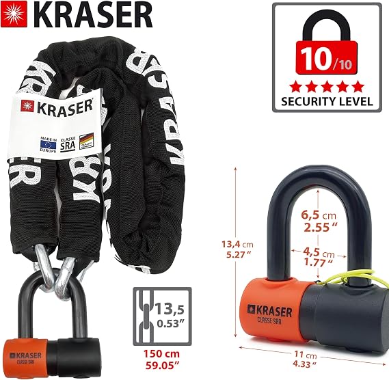KRASER KR50150 High Security Anti Theft Chain Lock for Motorcycles + Mini U Disc Lock 13.5/0.53in, SRA Approved, Fully Tested Versatile for Motorcycles, Scooters, Parking Anchor 150cm/4,9ft Long