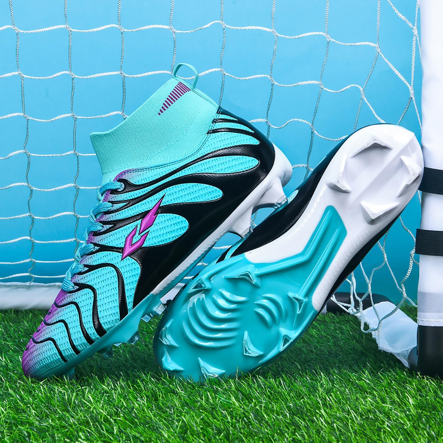 Women High Ankle Football Cleats Lace Up Soccer Shose | Stretchy ankle sock fit, breathable upper,anti-slip FG studs,unisex grass training match boots