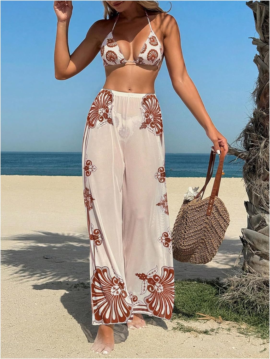 SHENHE Women's 3 Piece Swimsuits with Pants Triangle Halter String Bikini Set and Cover Up