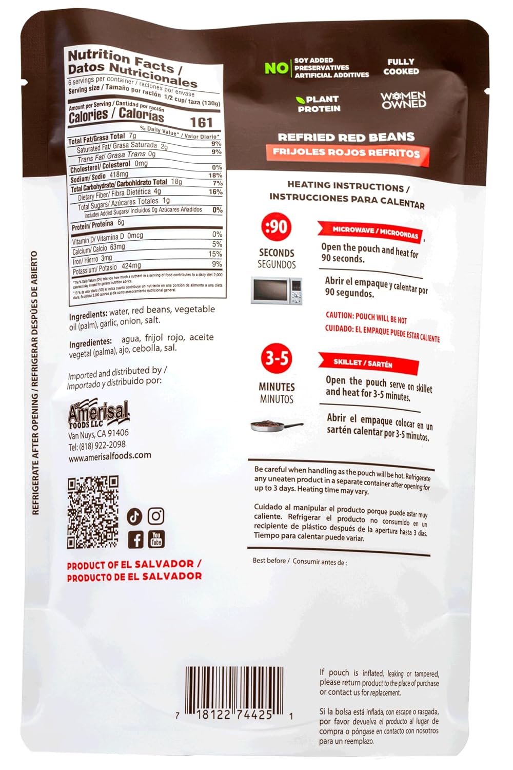 Perla Refried Red Beans - No MSG, Non BPA, No Animal Ingredients, No soy added, No Preservatives, No artificial additives, 6 Grams of Protein, Microwavable, Fully Cooked, Just heat and eat | 28 ounce ( Case of 12)