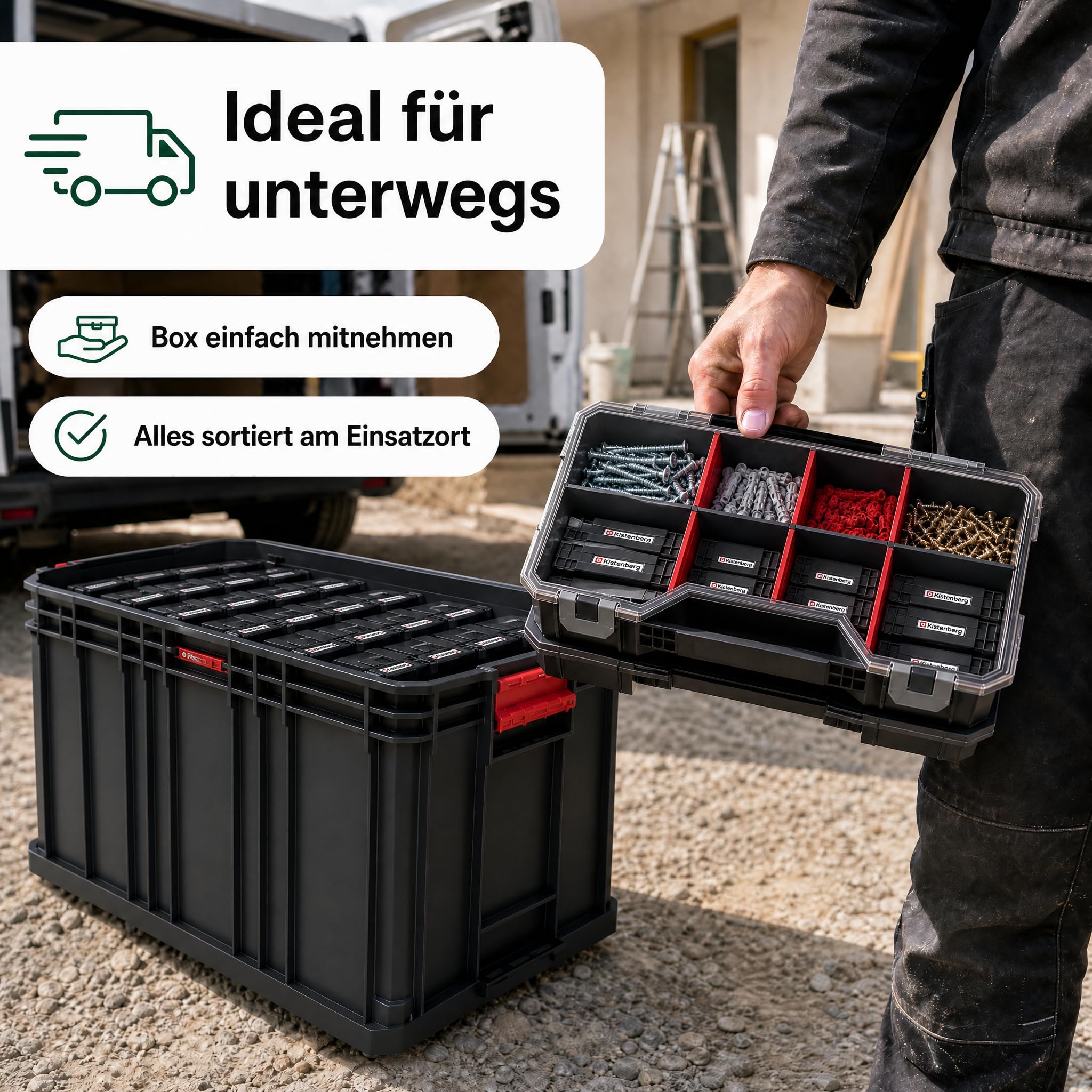 Sortimentskasten Set 7-tlg., Kleinteilemagazin mit Trennwänden | 520x329x210 mm, Modulare Werkzeugkiste mit Sortierboxen für Kleinteile – stapelbar, wandmontierbar, bis 50 kg belastbar