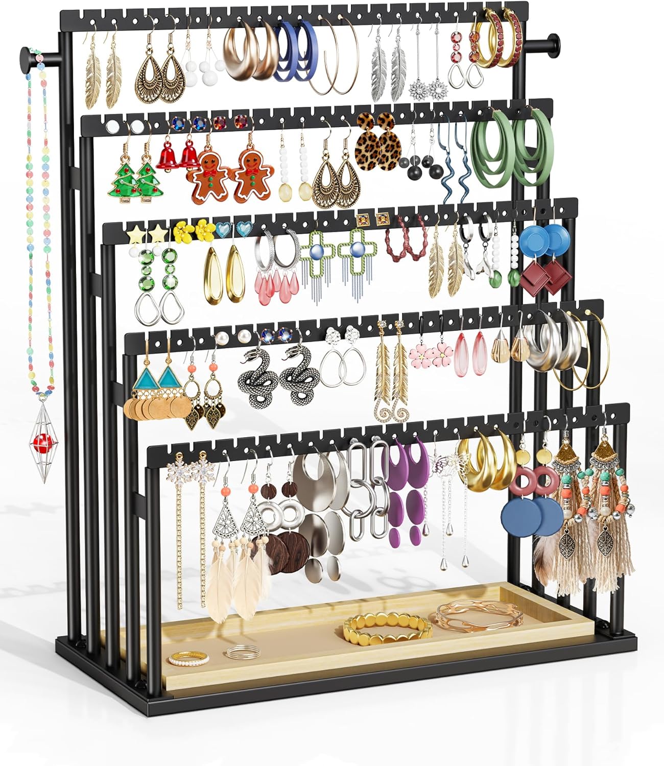 Earring Holder Organizer, 5-Tier Step Jewelry Display Stand with Metal Frame and Wooden Storage Organizer, Large Earring Holder for Studs, Hoops, Dangles, Modern Jewelry Organizer for Women