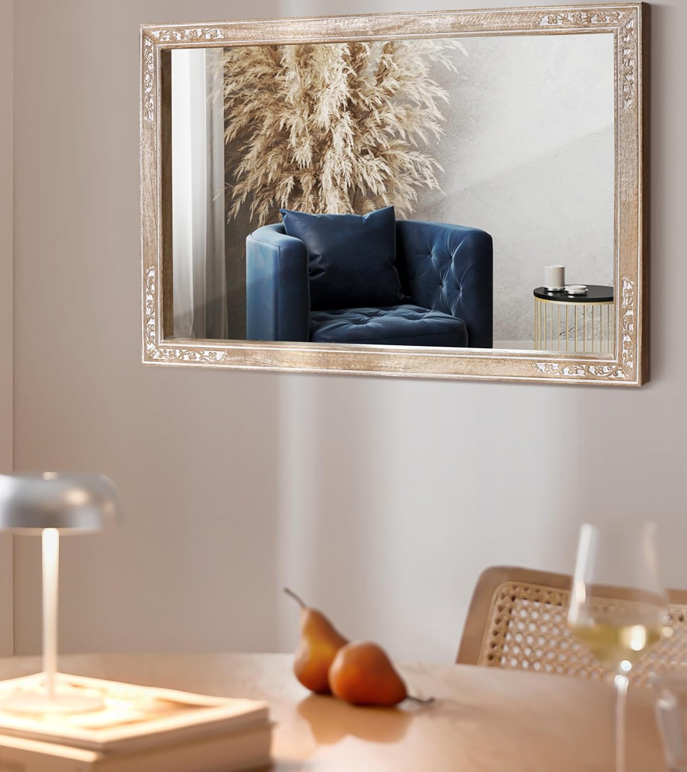 Rustic Solid Wood Wall Mirror 36"x24" - Bathroom Vanity Mirror, Farmhouse Decorative Mirror for Home, Vertical & Horizontal Hanging, White Antique Wood Finish