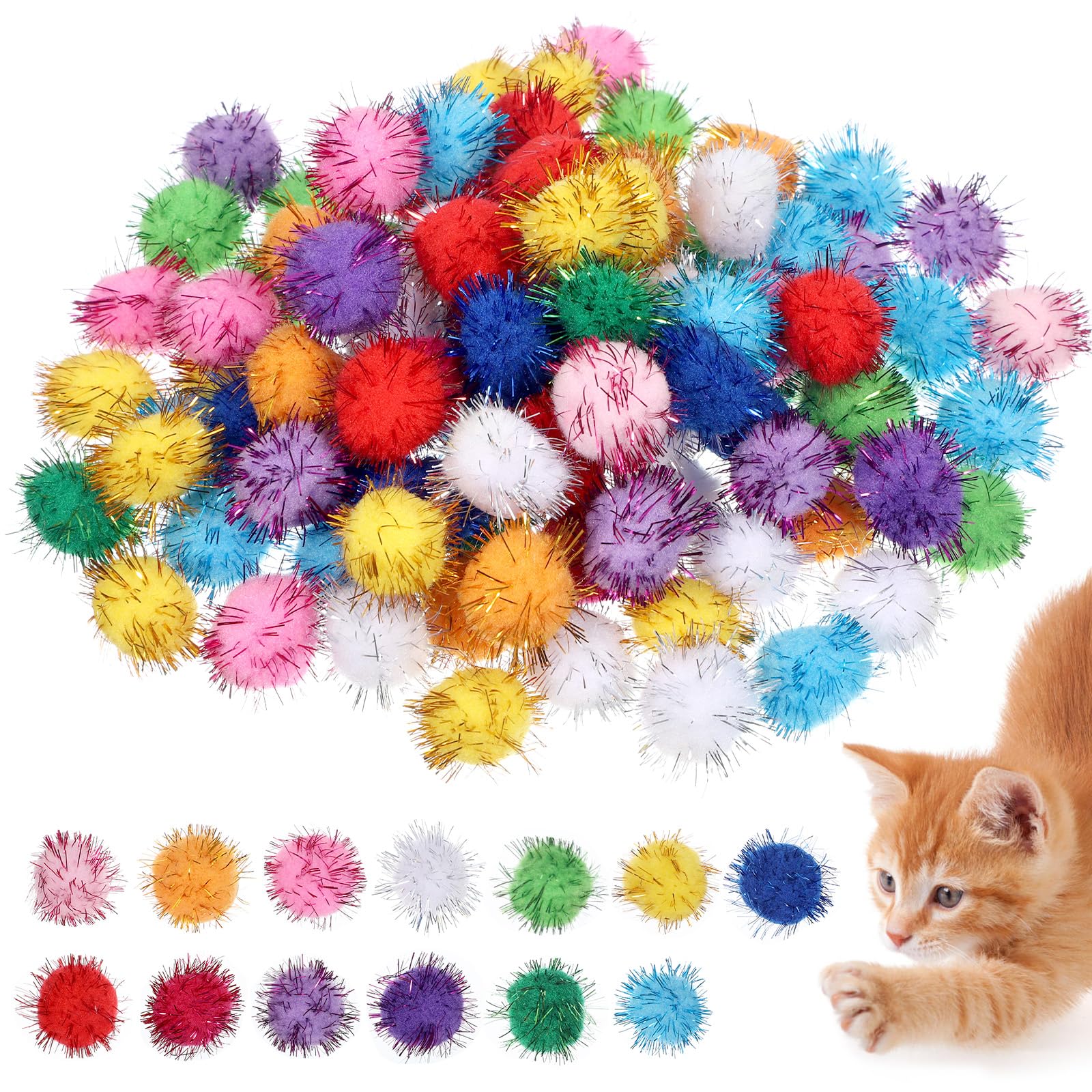 100 Pack Assorted Color Sparkle Balls 1 Inch Cat Pom Pom Balls Interactive Small Cat Toys Soft Cats Puff Ball Glitter Tinsel Fuzzy Ball for Creative Crafts Decorations, Exercise and Entertainment