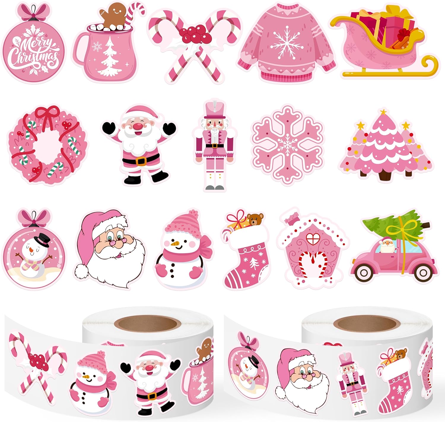 1000Pcs Pink Christmas Stickers Rolls Xmas Tree Santa Claus Nutcracker Snowman Self-Adhesive Decals Winter Wonderland Festive Holiday Party Favors DIY Crafts Gift Bottles Scrapbook Decor, 16 Designs