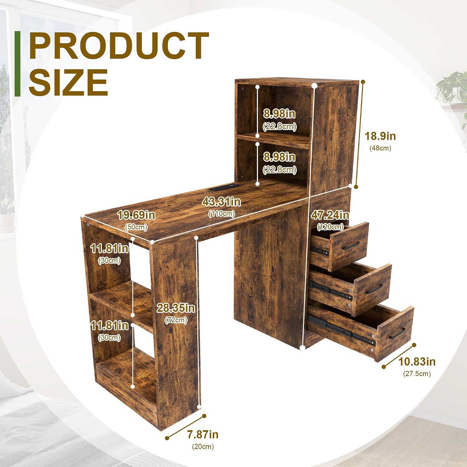 Montary Computer Desk with 4-in-1 Socket & 3 Drawers - 4-Tier Storage Shelves, Carbonized Wood Finish, Compact Workstation for Home Office, Study or Bedroom, Rustic Brown
