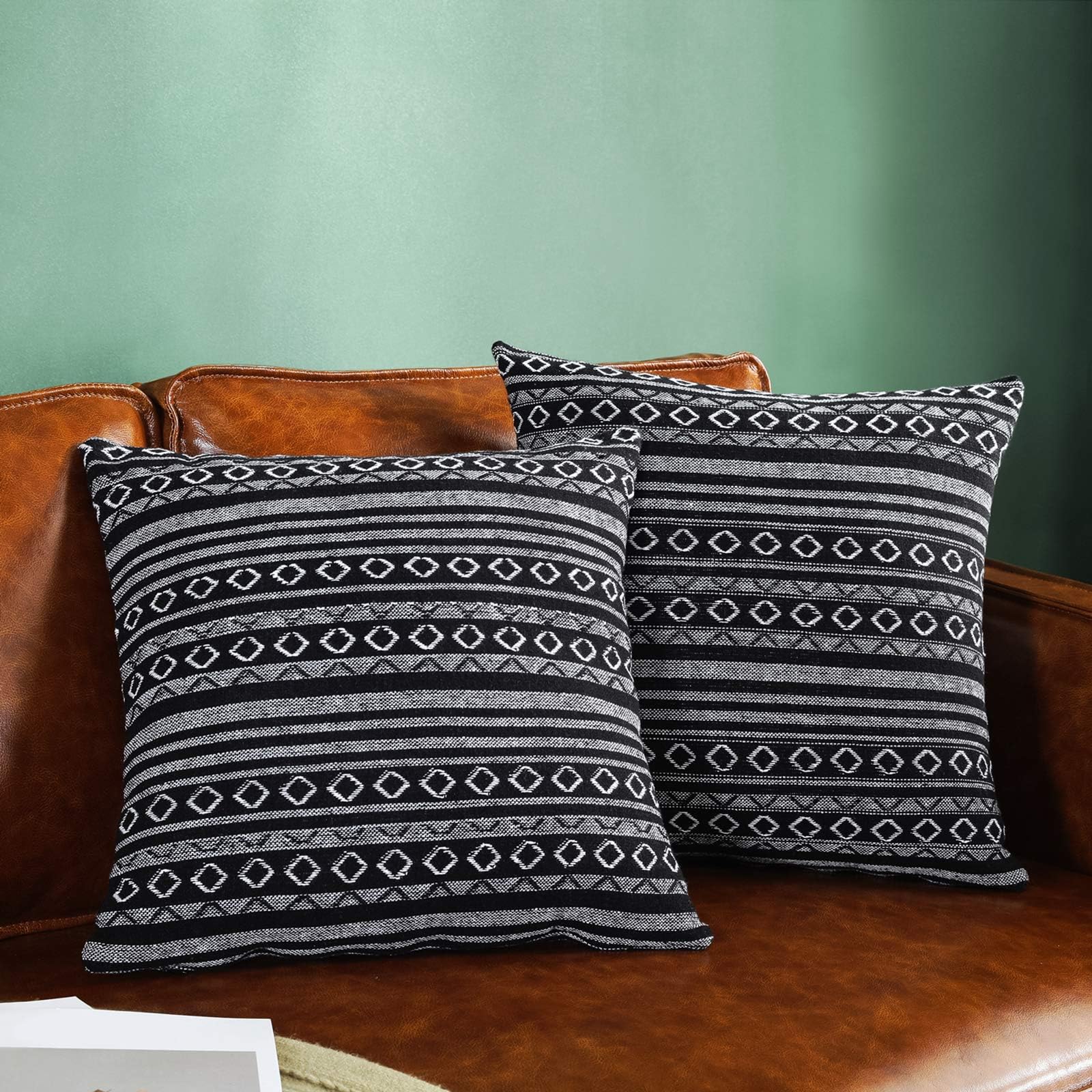 AmHoo Bohemian Retro Stripe Throw Pillowcase Double-Sided Pattern with Hidden Zipper Colorful Ethnic Pillow Covers for Couch Sofa Bed Livingroom(16"×16",Set of 2,Black)