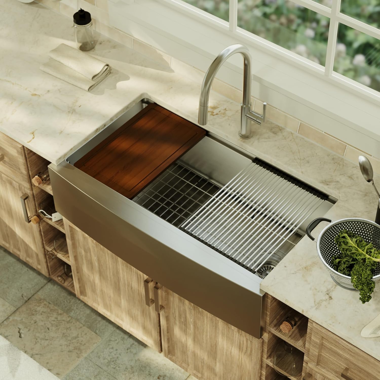 Karran Elite 36-Inch Single Bowl Apron Front Farmhouse Workstation Sink, 16 Gauge Stainless Steel, Smart Ledge System, Satin Finish, Accessories Included