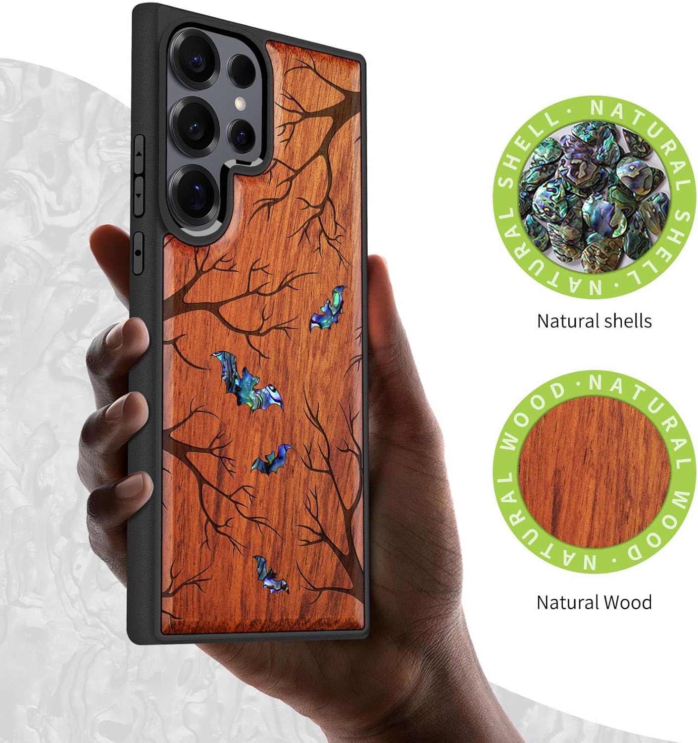 Carveit Magnetic Wooden Case for Samsung Galaxy S25 Ultra Case, Wood Artisan Engraved & Handmade Shell Inlaid, Compatible with MagSafe Wireless Chargers (Bats Amidst Moonlit Branches) Rosy