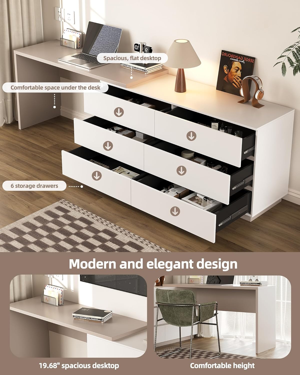 Modern L-Shaped Rotating Computer Desk 97.63 x 19.68 Inch with 6 Drawers with 51 Inch Document Cabinet, Learn to Write, Reversible Layout, Desk Dresser Combo for Home Office Furniture