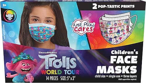 Just Play Máscara facial de un solo uso para niños, Trolls World Tour, 14 unidades, pequeña, de 2 a 7 años, juguetes para niños de 2 años en adelante