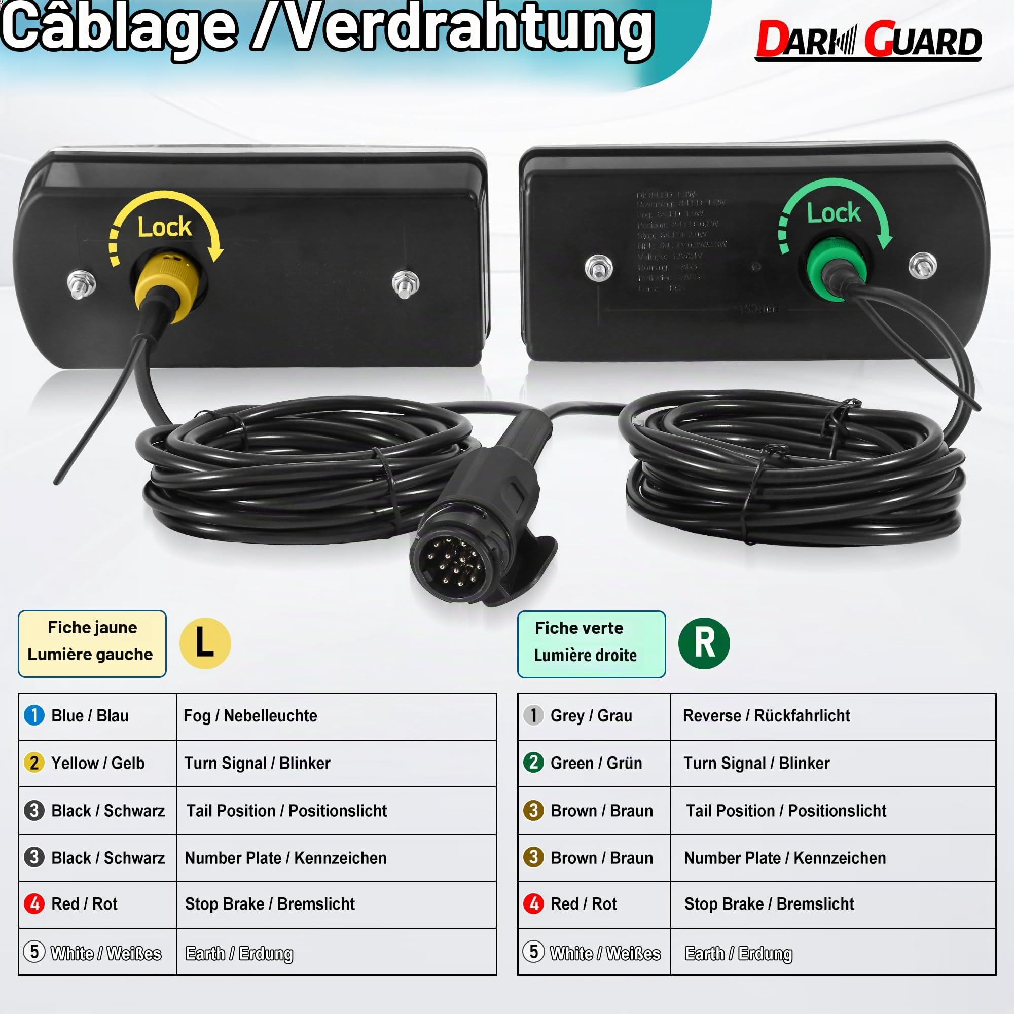 Feux Arriere de Remorque Led 12V 24V 7Functions Kit Éclairage Remorque 13 Broches IP65 Étanche Approuvé E57 avec Connecteur Baïonnette 5P 5.5M Précablé & 25cm Extra pour Caravane Camion
