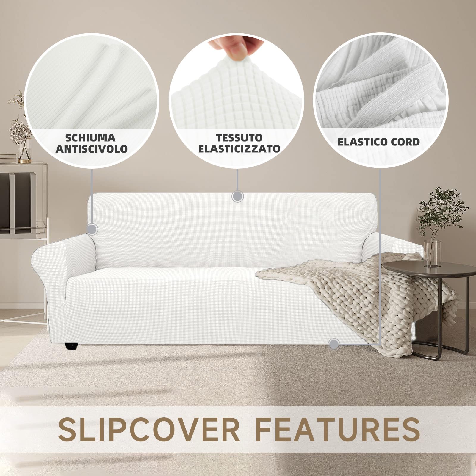 Ystyle Rozciągliwy Pokrowiec Na Sofę 3-Osobową, Elastyczny Antypoślizgowy Pokrowce Na Kanapę,Zmywalny Ochraniacz Na Sofę, Odporny Na Zarysowania Ochraniacz Na Kanapę, Biały