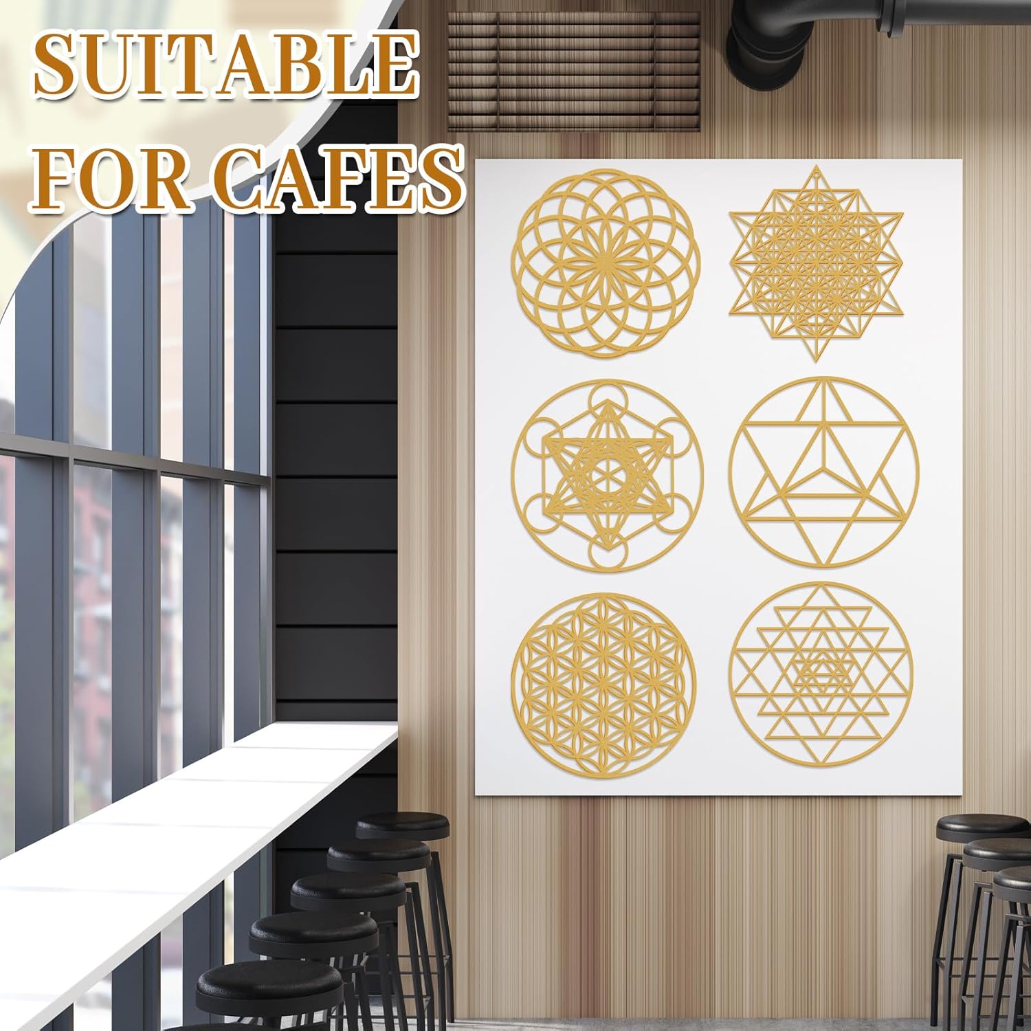 Taiyin 6 Pcs 12 Inch Wooden Sacred Geometry Wall Art Set, Zen Geometric Wall Decor for Home Meditation Room, Inspired Hanging Art with Metatron Cube, Flower of Life, Sri Yantra(Golden)