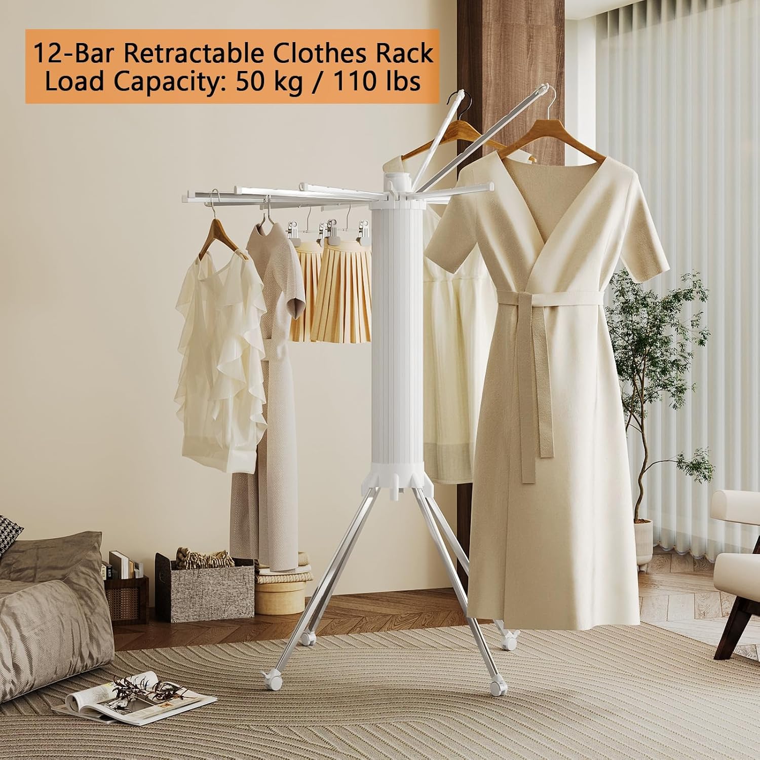Cylinder Clothes Drying Rack with Pulleys,Foldable Portable Laundry Stand,Aluminum Hanging Dry Rack,with 12 Wooden Expandable Rods,Load Capacity 110 Lbs