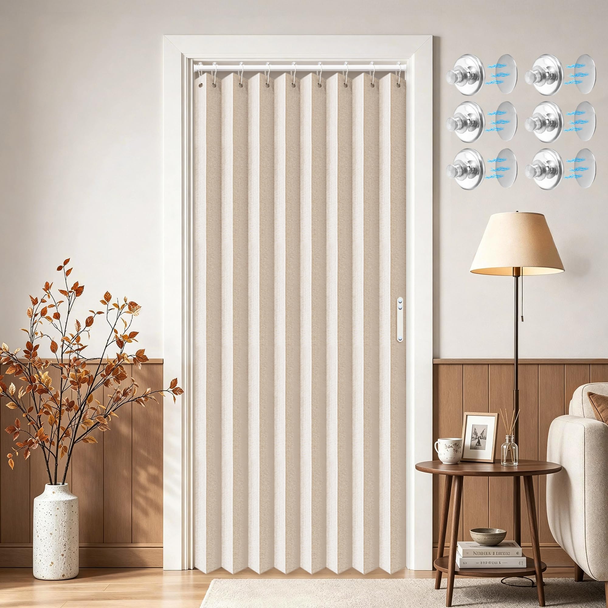 Vatge Polyester Solid Closet Curtains, Accordion Style Door Curtains for Doorways,Blackout Pleated Folding Doors Curtain for Closet and Room Divider, 1 Panel, W39 x L78, Beige