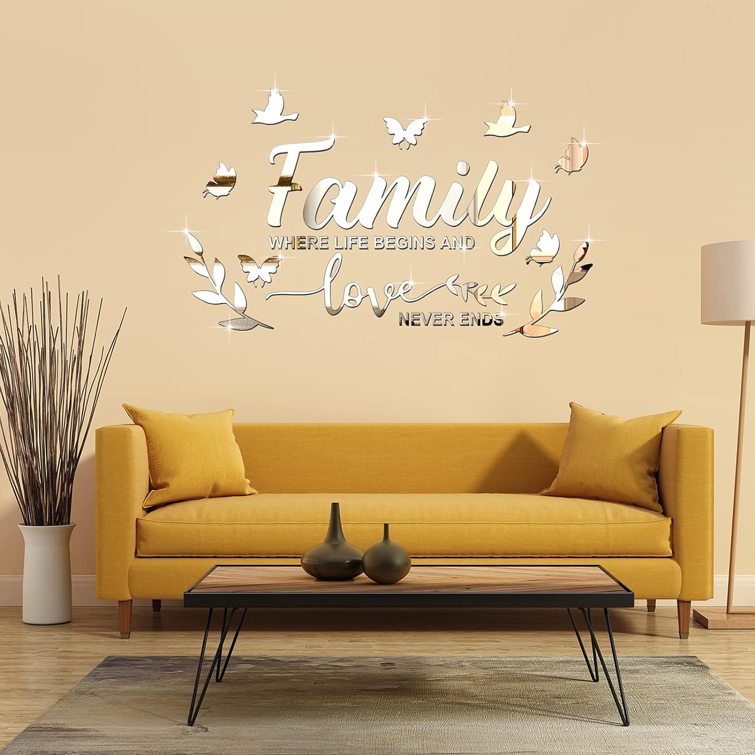 Zonon Mirror Family Wall Letter Quotes Decor 3D Acrylic Wall Decal Stickers DIY Removable Art Decals Motivational Butterfly Mural Stickers for Home Decor(Silver)