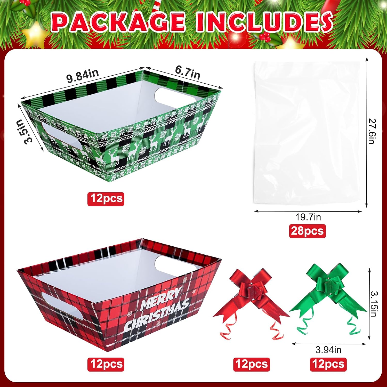 24 Sets Red Green Gingham Christmas Gift Basket Empty with Cellophane Bags 10x7”, Red Green Checkered Christmas Basket to Fill with Bows Ribbons for Xmas Holiday Party Supplies