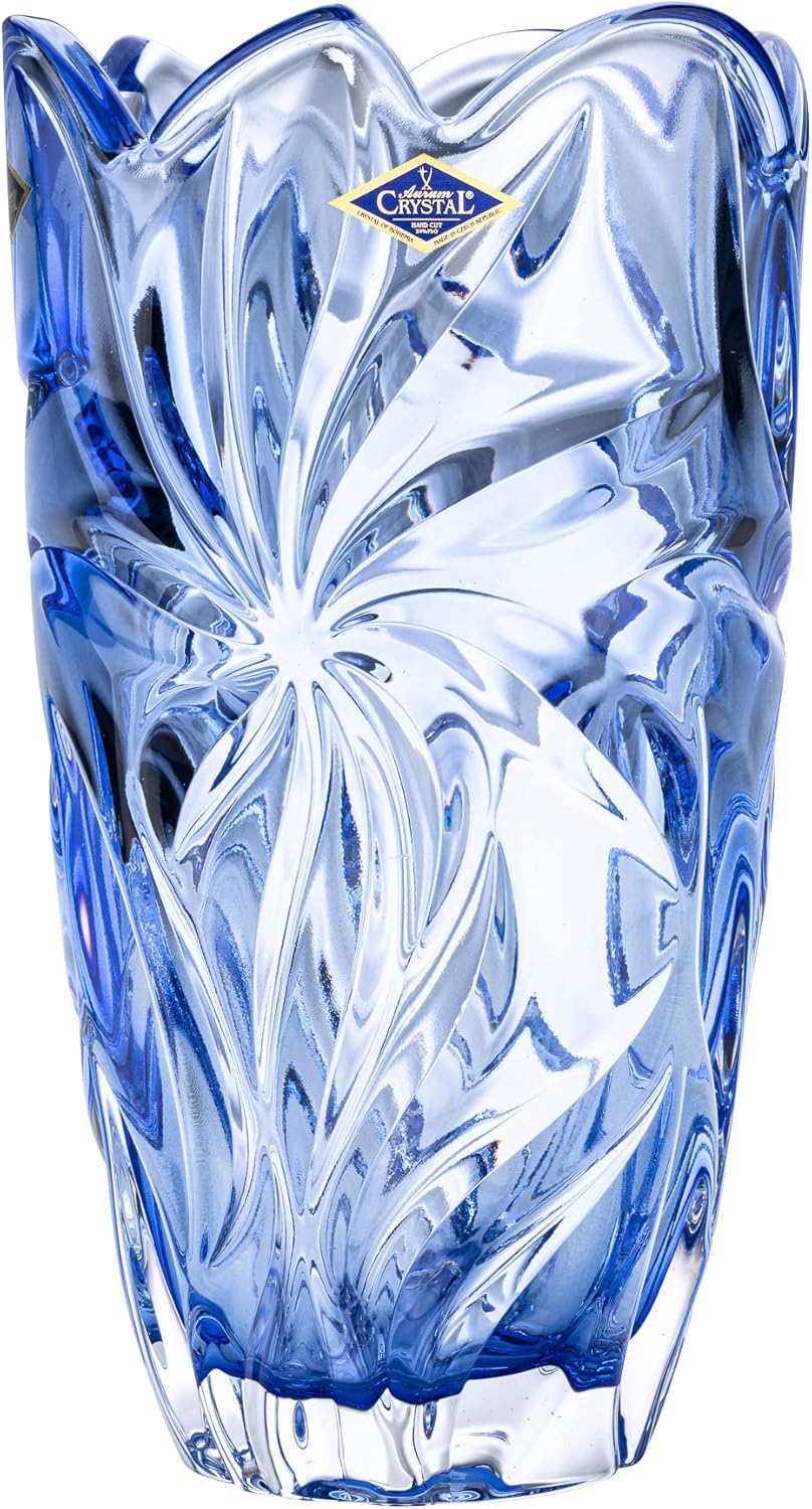 Bohemia Crystal 11" Flowers Vase 'Flora'. Lead-Free Crystal, Flower Jar. Blue.
