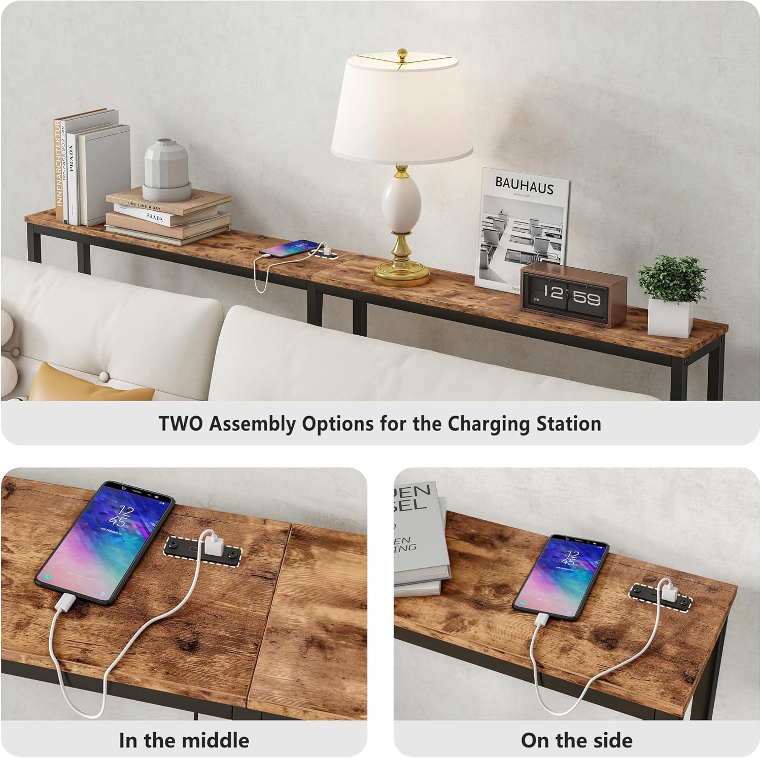 BOFENG 71.5 Inch Thin Console Table with Power Outlets,Narrow Sofa Table with Charging Station,Long Side Table Behind Sofa Couch Table for Entryway,Hallway,Living Room,Foyer,Rustic Brown