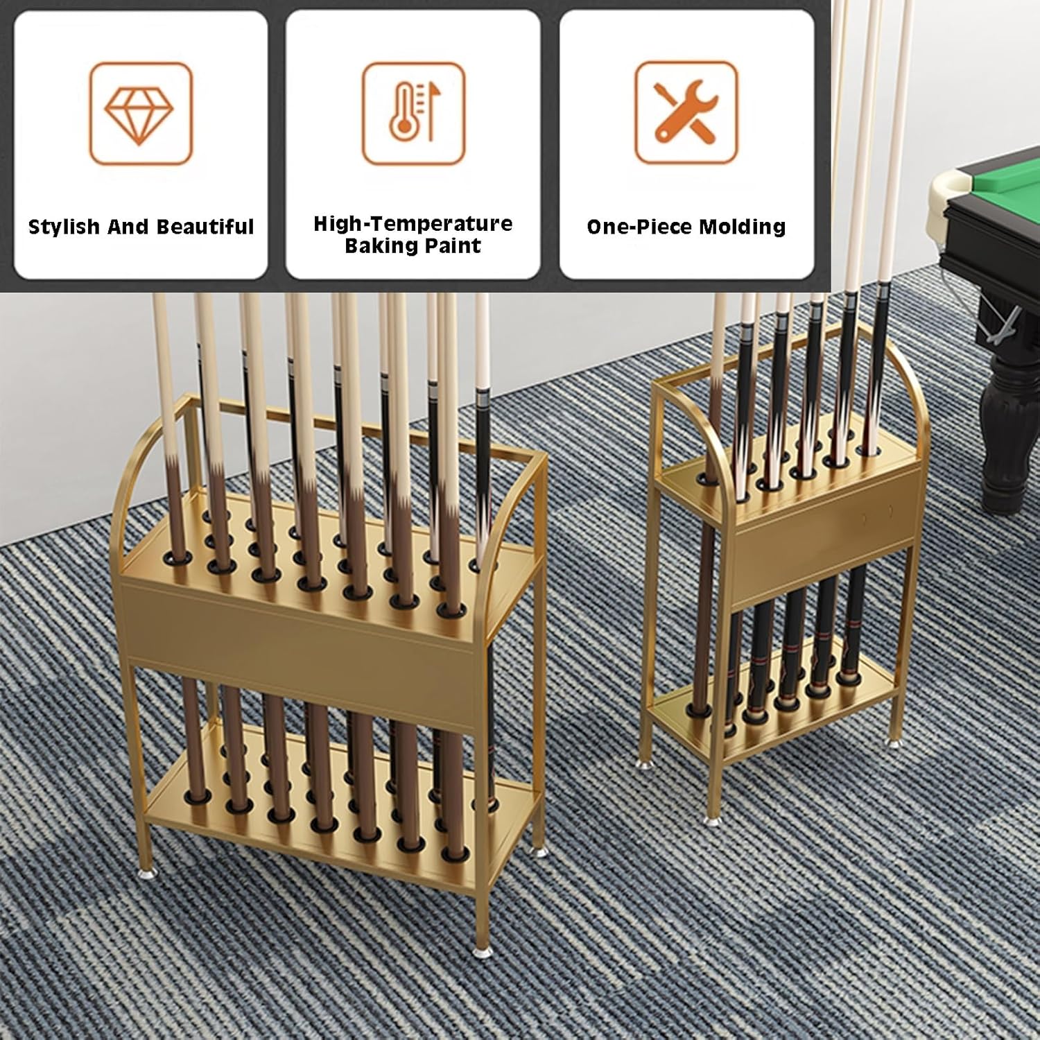 Gold Floor Stand Billiards Cue Rack - Pool Cue Storage Organizer with Rubber Protective Ring, No Assembly Required, Holds Up to 20 Cues - Ideal Billiard Room Equipment