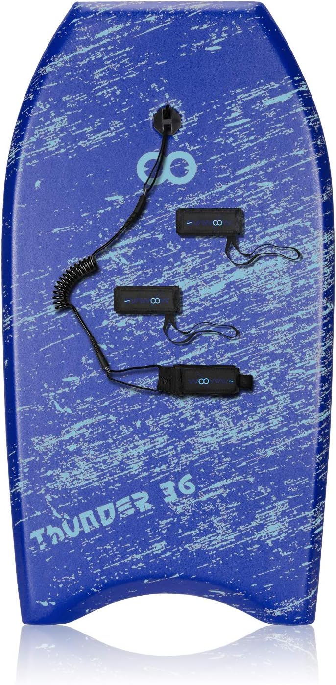 WOOWAVE Bodyboard 33-inch/36-inch/41-inch Super Lightweight Body Board with Coiled Wrist Leash, Swim Fin Tethers, EPS Core and Slick Bottom, Perfect Surfing for Kids Teens and Adults Blue 36 inch