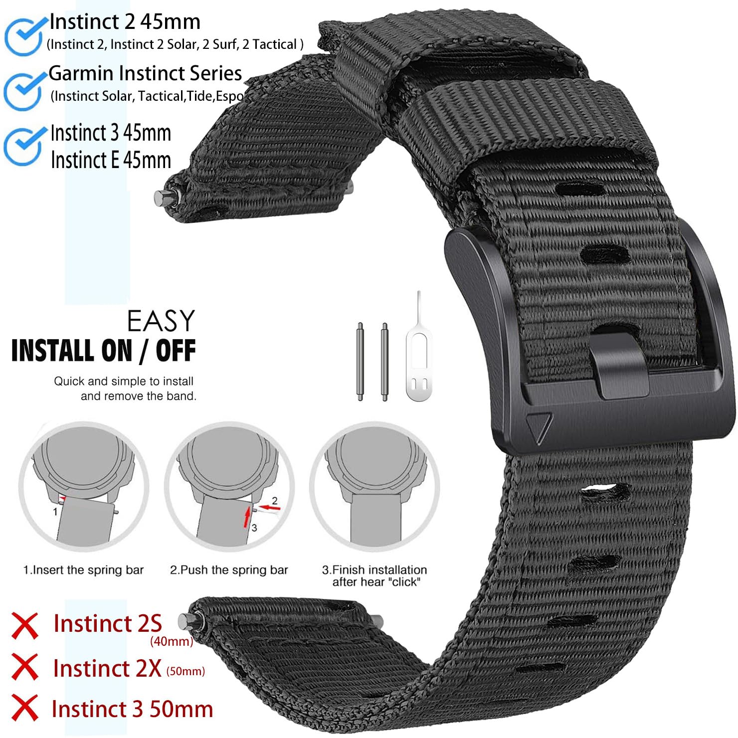 Bracelet de montre compatible Garmin Instinct/Instinct 2 Solar/Instinct 3 45 mm, Instinct E 45 mm, bracelet de rechange sport en nylon pour homme et femme pour Garmin Instinct Tactical/Esports/Solar