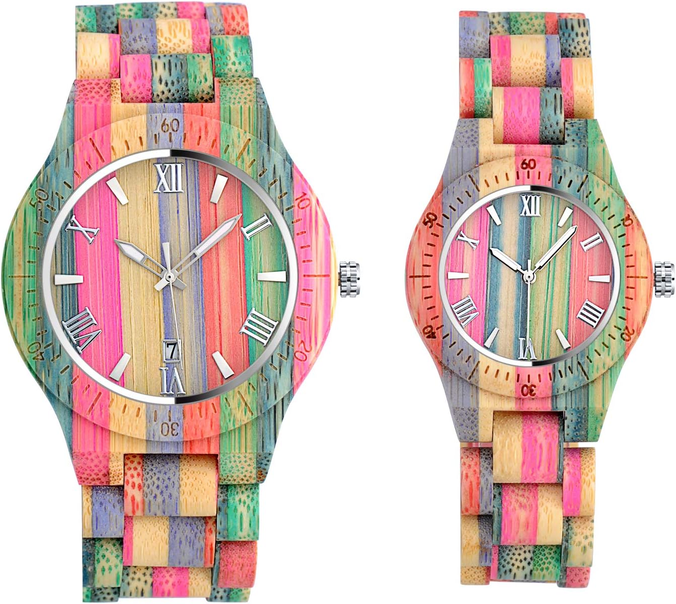 Unendlich UMen's Women's Color Bamboo Wood Wrist Watches, Couple Watches, Minimalist Fashion Quartz Watch, Rainbow Watch, Wood Band