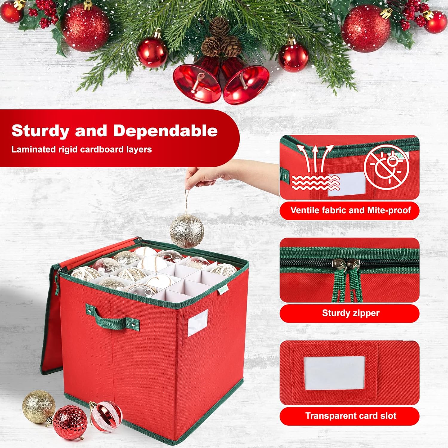 Christmas Ornament Storage Box High Capacity Decoration Organizer Holds Up to 64 Ornaments Decoration Balls Holiday Storage Case with Lid Large Foldable Storage Case for Sundries or Clothes (Red)