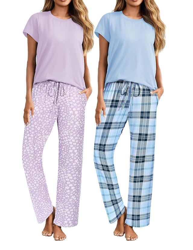 ELESOL 2 Piece Outfits For Women Lounge Sets Pajama Sets Short Sleeve Top and Pants with Pockets