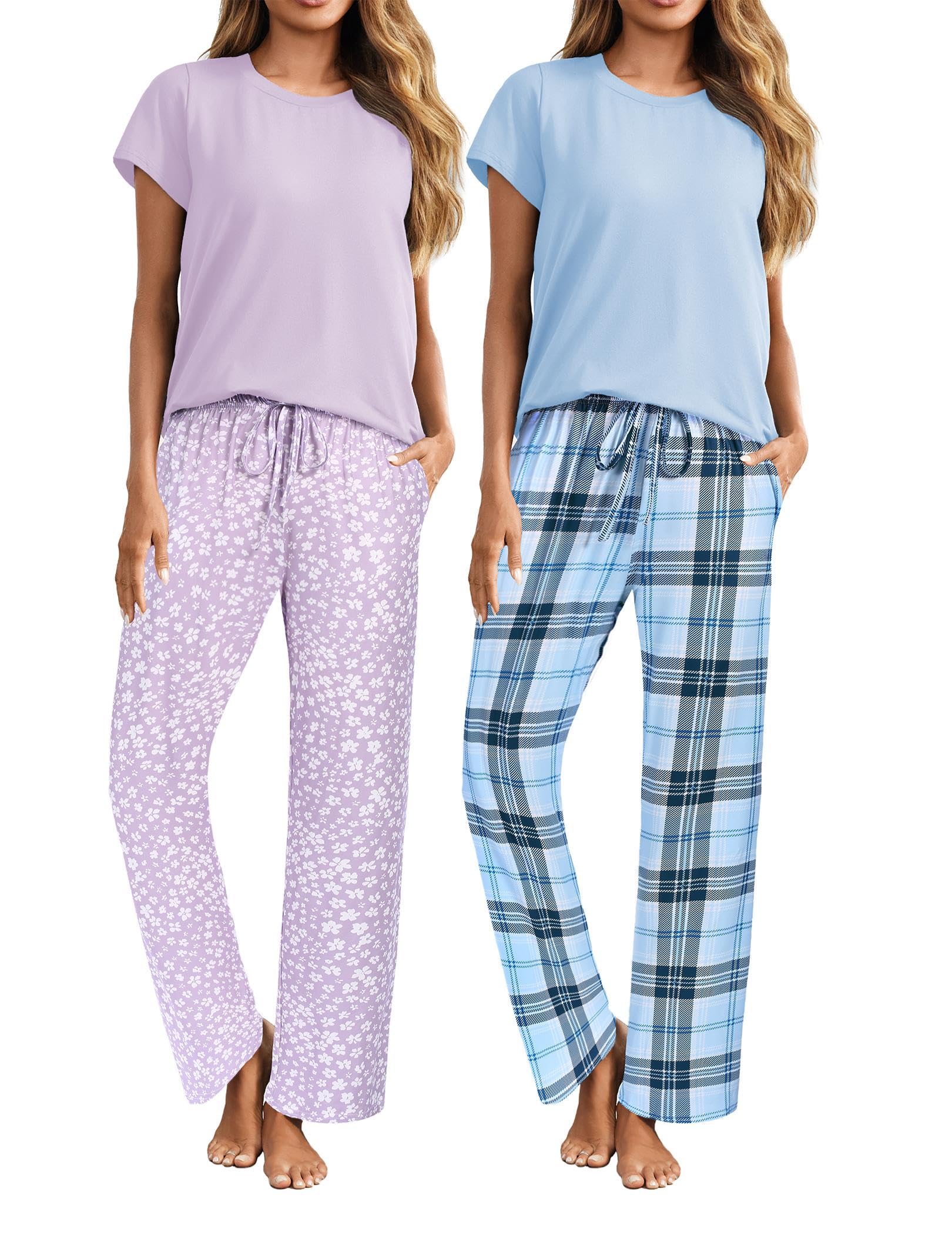 ELESOL 2 Piece Outfits For Women Lounge Sets Pajama Sets Short Sleeve Top and Pants with Pockets