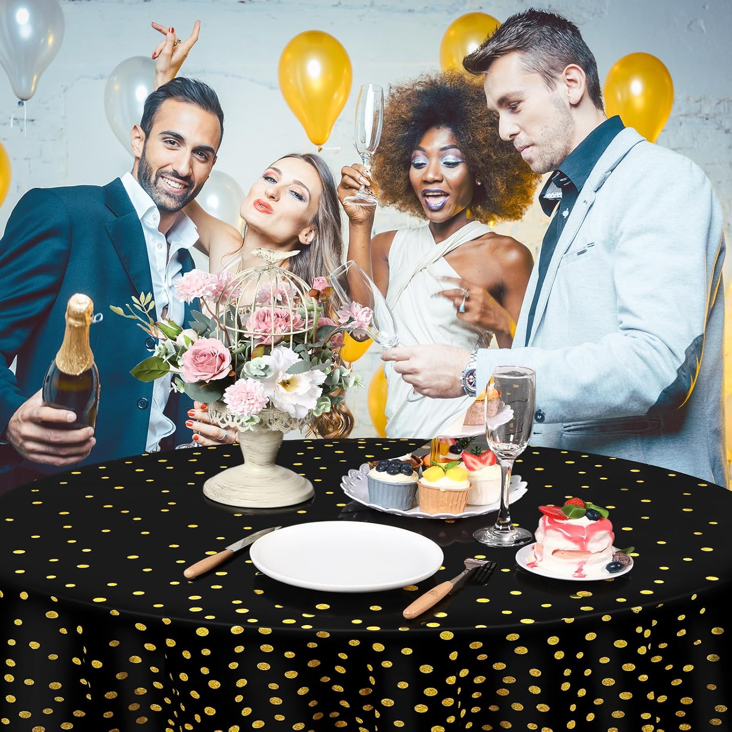 Newwiee 12 Pcs Round Dot Tablecloth 84 Inch Plastic Table Cover Graduation Confetti Tablecloths for Grad Wedding Bridal Shower Birthday Spring Graduate Party Decor (Black and Gold Dots)