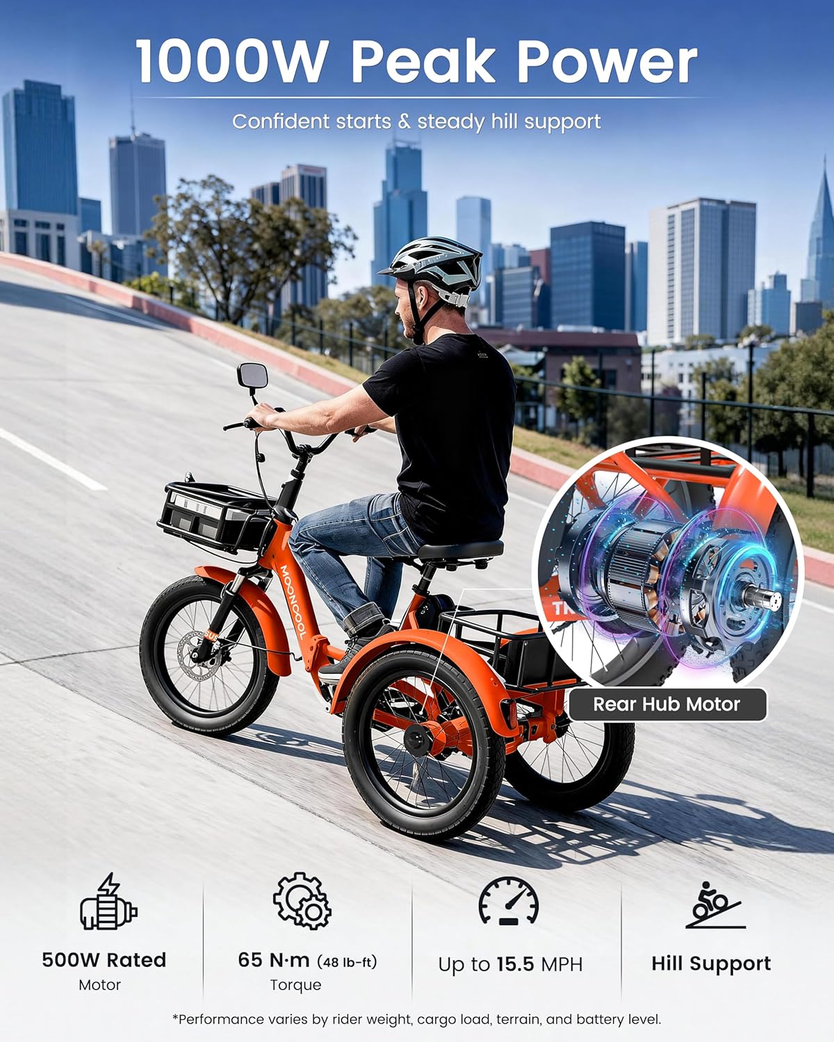 MOONCOOL Electric Trike for Adults, 500W/750W 48V Electric Tricycle for Adults Peak Power 1500W, 20"x3.0" Fat Tire 3 Wheel Electric Bike, Folding Aluminum Adult Tricycle with Removable Battery