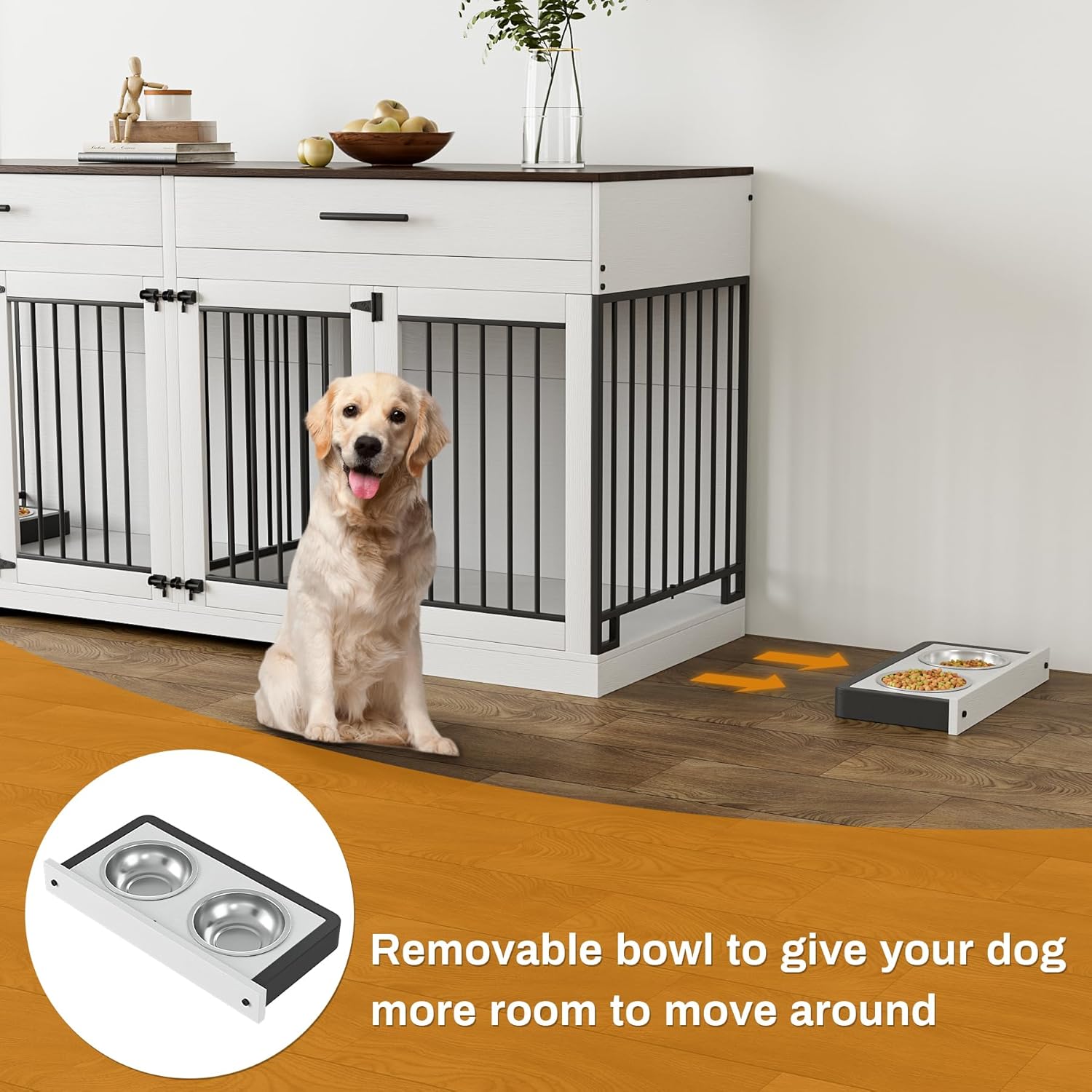 OUYESSIR Dog Crate Furniture, 72.05 Inch Large Dog Kennel with Dog Bowls & 2 Drawers, Wooden Double Dog House with Doors & Divider, Indoor Heavy Duty Dog Cage for Medium Large Dogs, White