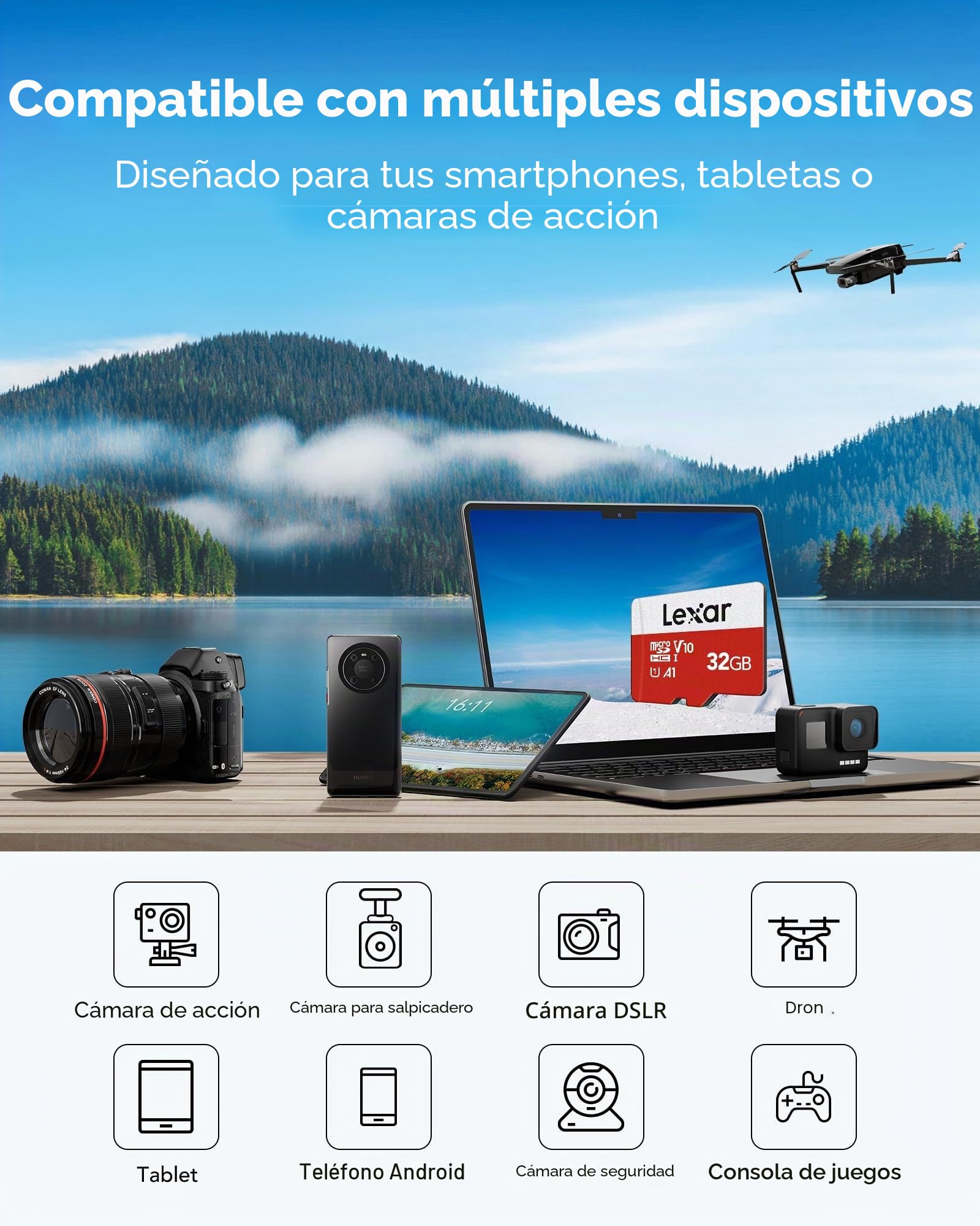 Lexar Tarjeta Micro SD 32 GB, hasta 100 MB/s de Lectura, A1, U3, C10, V10, 4K, Full HD, Tarjeta de Memoria con Adaptador SD, microSDXC UHS-I para teléfono, videocámara, Switch, GoPro, Tableta