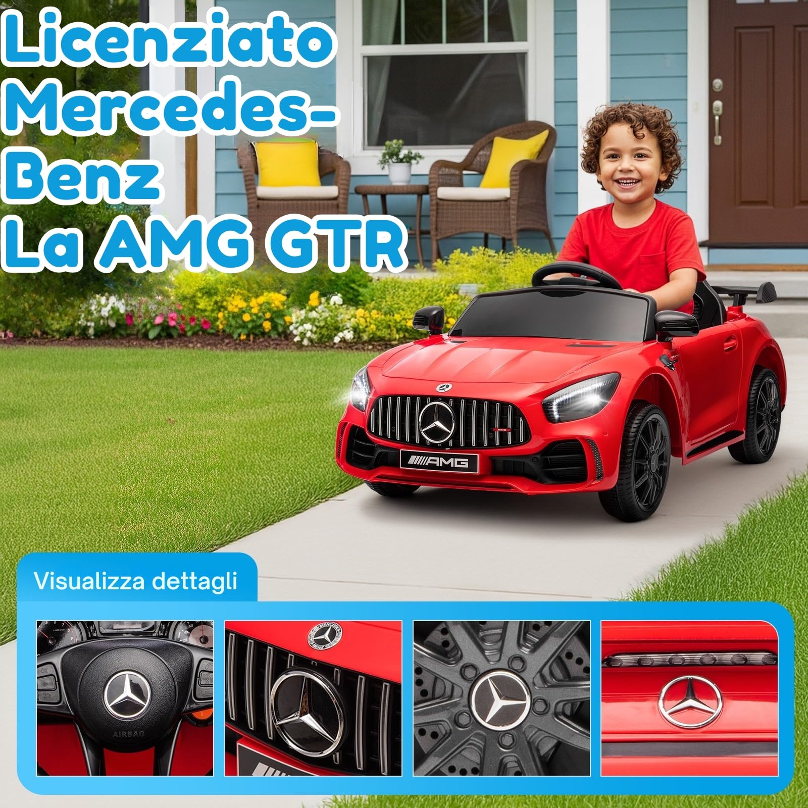 LALAHO Mcchina Elettrica Per Bambini Mercedes AMG GTR 12V con Doppi Motori, 3-5km/h Auto Elettrica per Bambini 3-5 Anni, Sospensioni, MP3, Telecomando (Rosso)