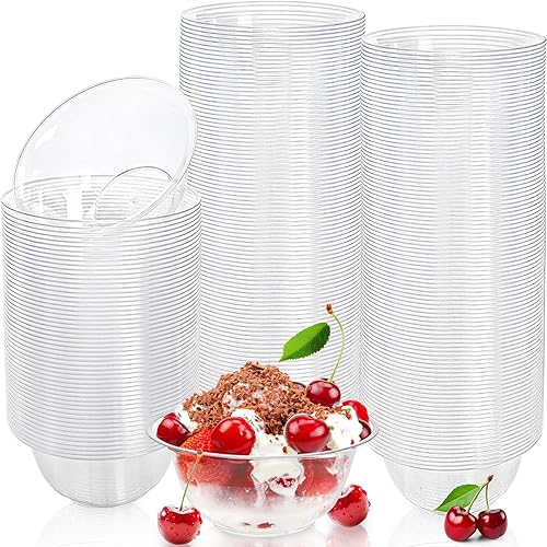 Miniatura 9 de Tebery Paquete de 100 cuencos de plástico transparente, 10 onzas desechables pequeños para postres para dulces, cuencos duros para ensalada de sopa