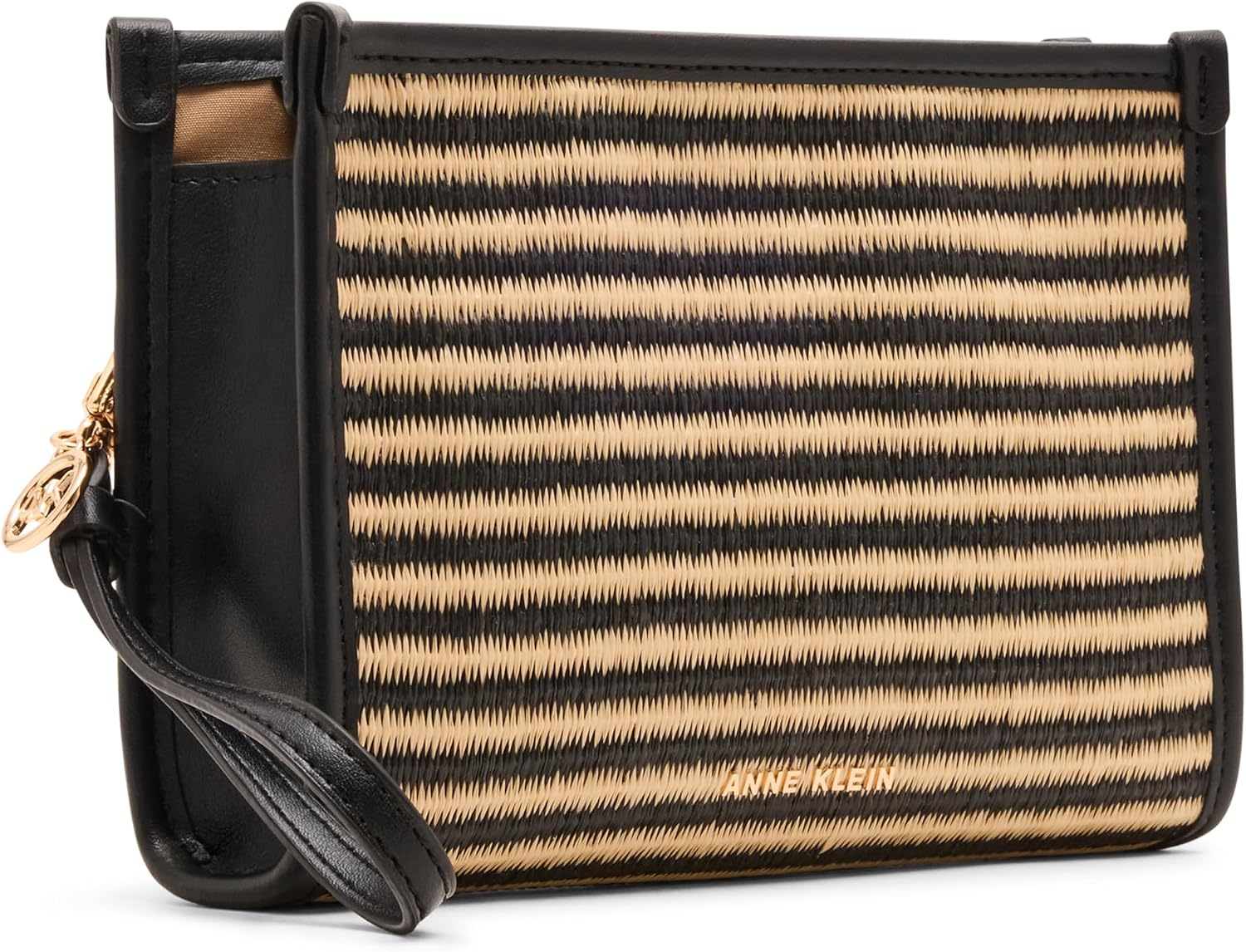 Anne Klein Womens Stripe Straw Wristlet, Natural Black Stripe/Black
