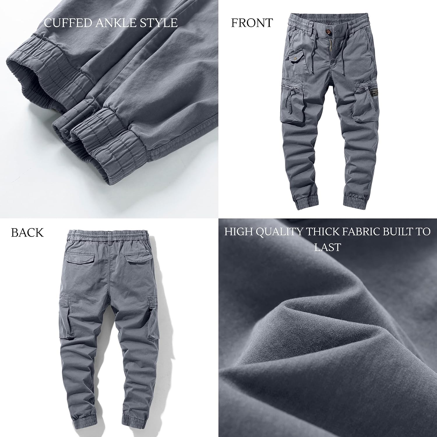 Cargo Joggers–Slim Fit Flex Pants with Belt Loops Elastic Waist Multi-Pocket Zipper/Button Design Drawstring Comfort