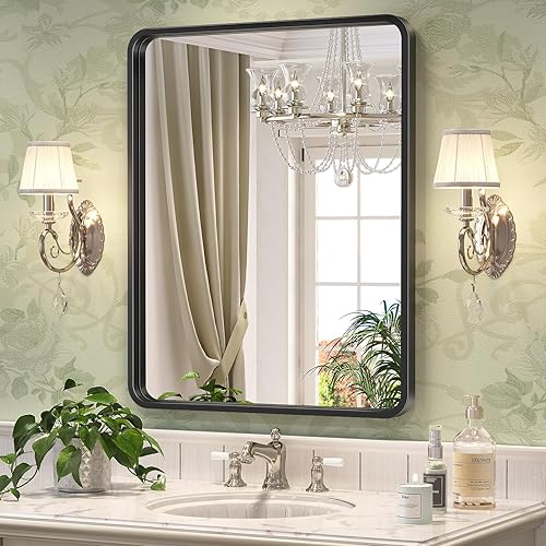 Brightify Espejo de baño negro para pared, 24 x 32 pulgadas, espejo rectangular con marco de metal negro, moderno espejo de tocador montado en la