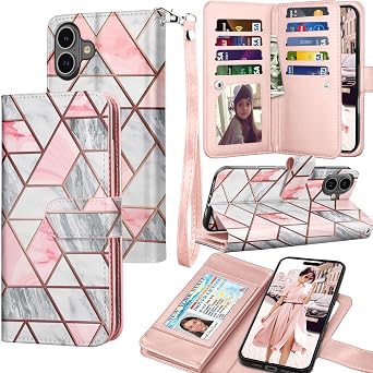 Tekcoo Wallet Case Compatible with iPhone 16 6.1 inch 2024 Luxury ID Cash Credit Card Slots Holder Carrying Pouch Folio Flip PU Leather Cover [Detachable Magnetic Hard Case] with Strap [Marble]