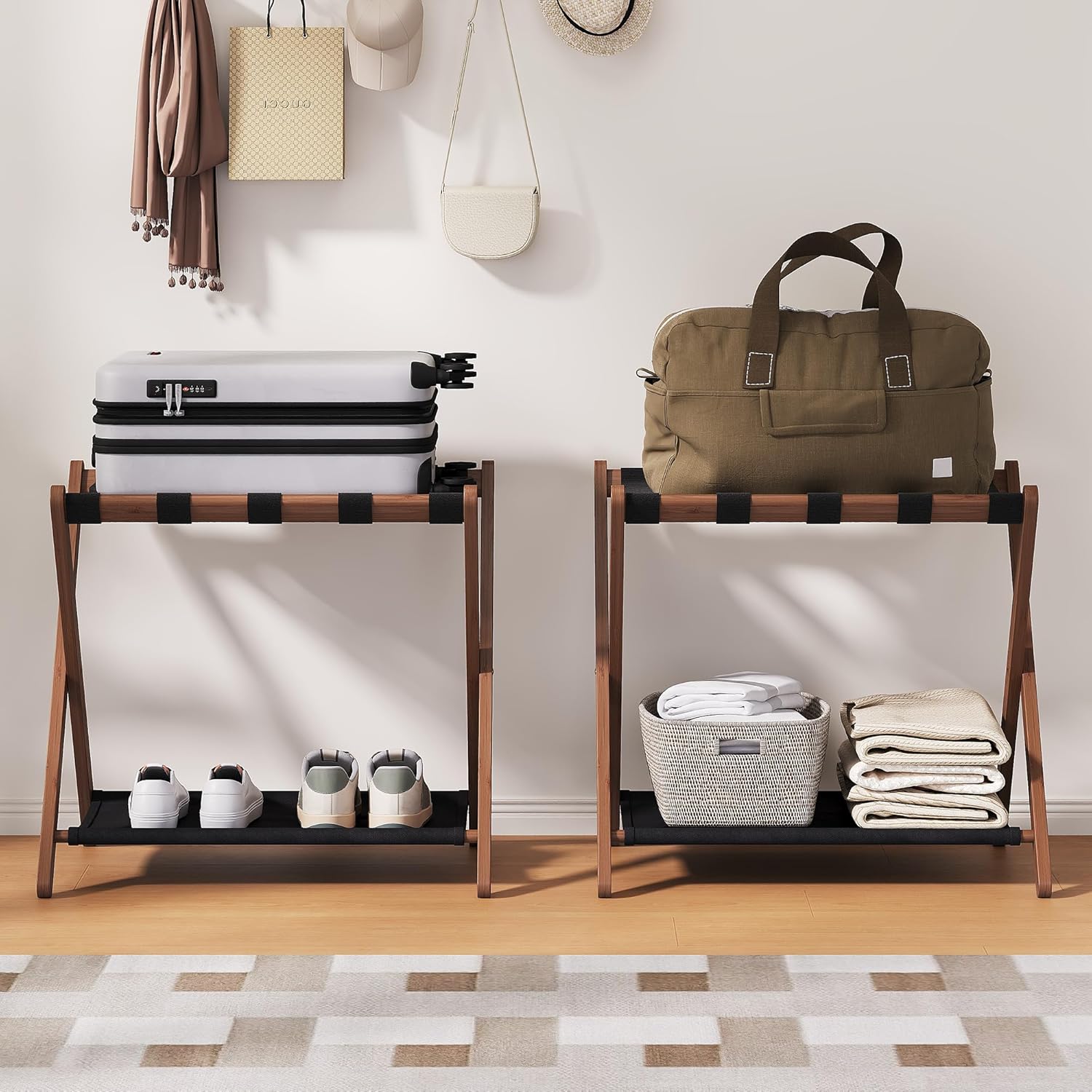 26.77" Full Assembled Luggage Rack for Guest Room, Set of 1 Bamboo Foldable Suitcase Stand, Bedroom & Hotel, Folding Luggage Holder with 5 Nylon Straps, 600D Oxford Fabric Shelf Walnut