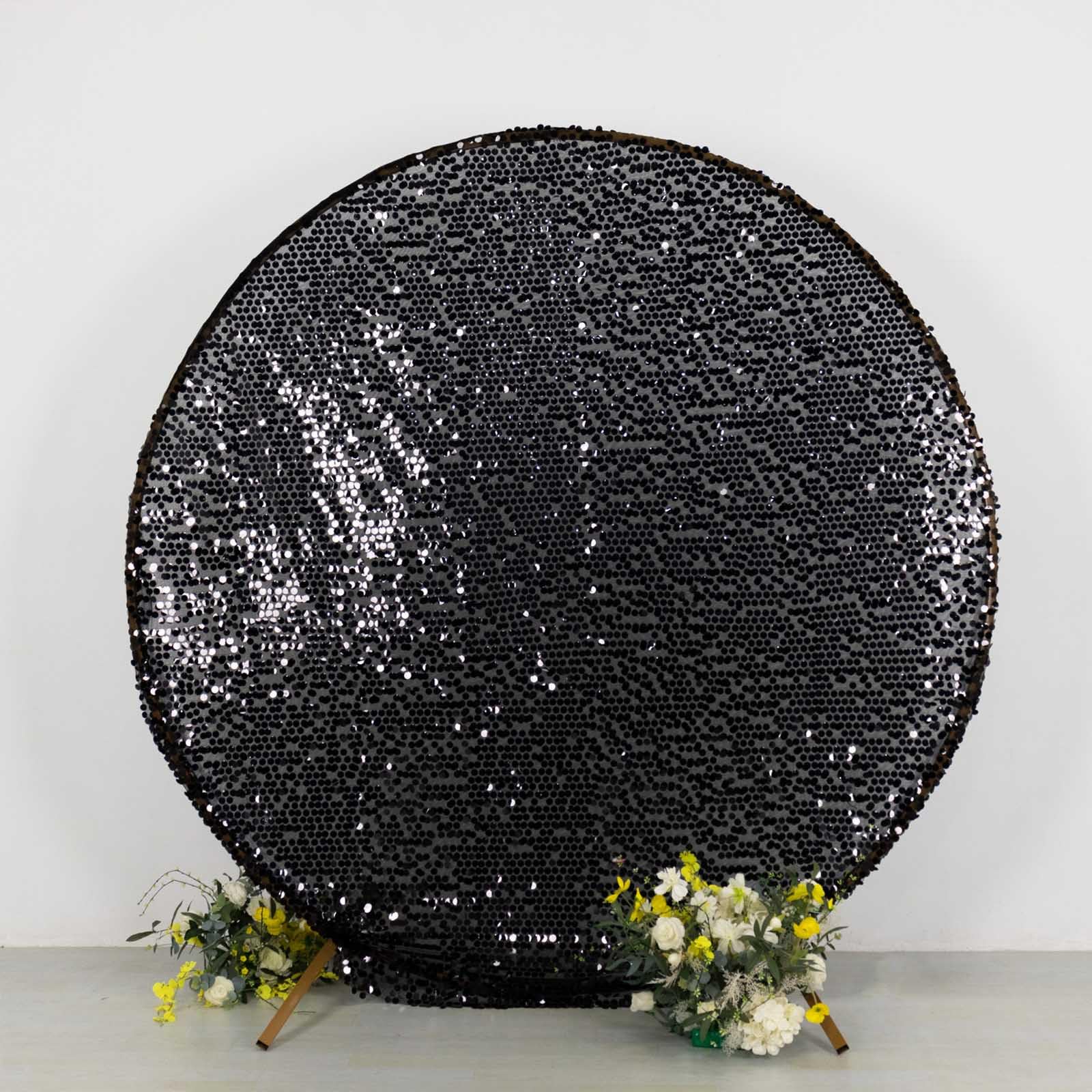 TABLECLOTHSFACTORY Sparkly Black Big Payette Sequin Backdrop Stand Cover for Round Wedding Arch - 7.5ft for Party & Decorations
