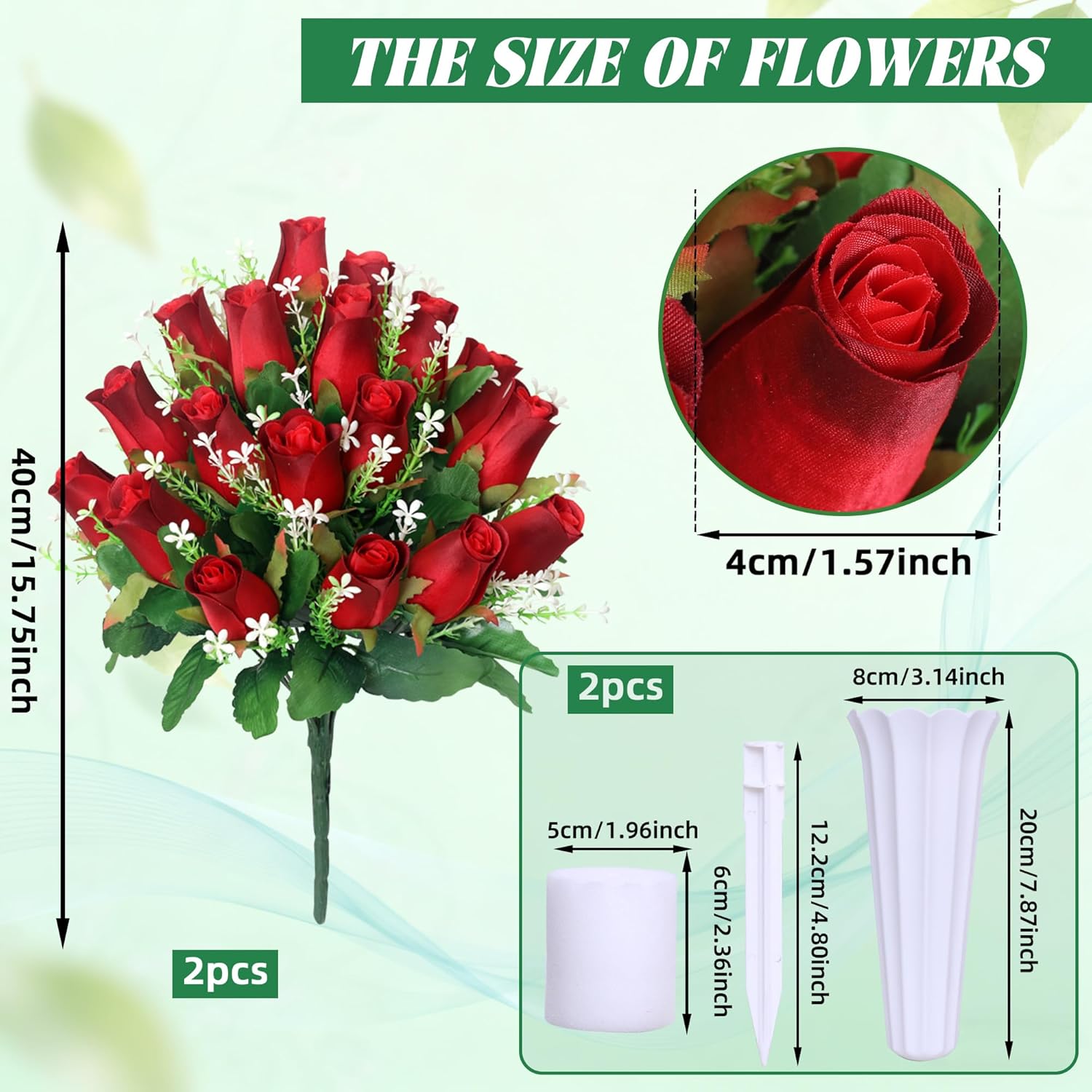 Artificial Cemetery Flowers for Grave,2Pack Memorial Roses Bouquets with Vase for Grave Tombstone Decorations (Red)