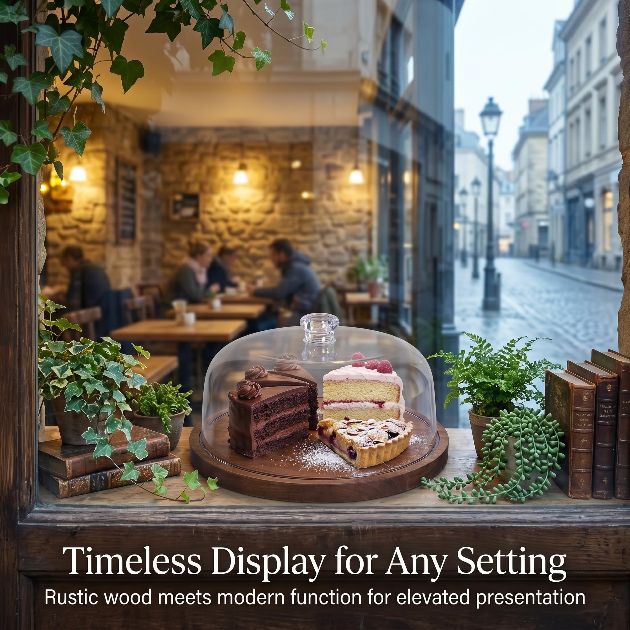 Soporte para tartas de madera de acacia con tapa, soporte redondo para tartas y tabla de embutidos, juego de mesa de postre con cúpula acrílica grande para queso, patatas fritas,