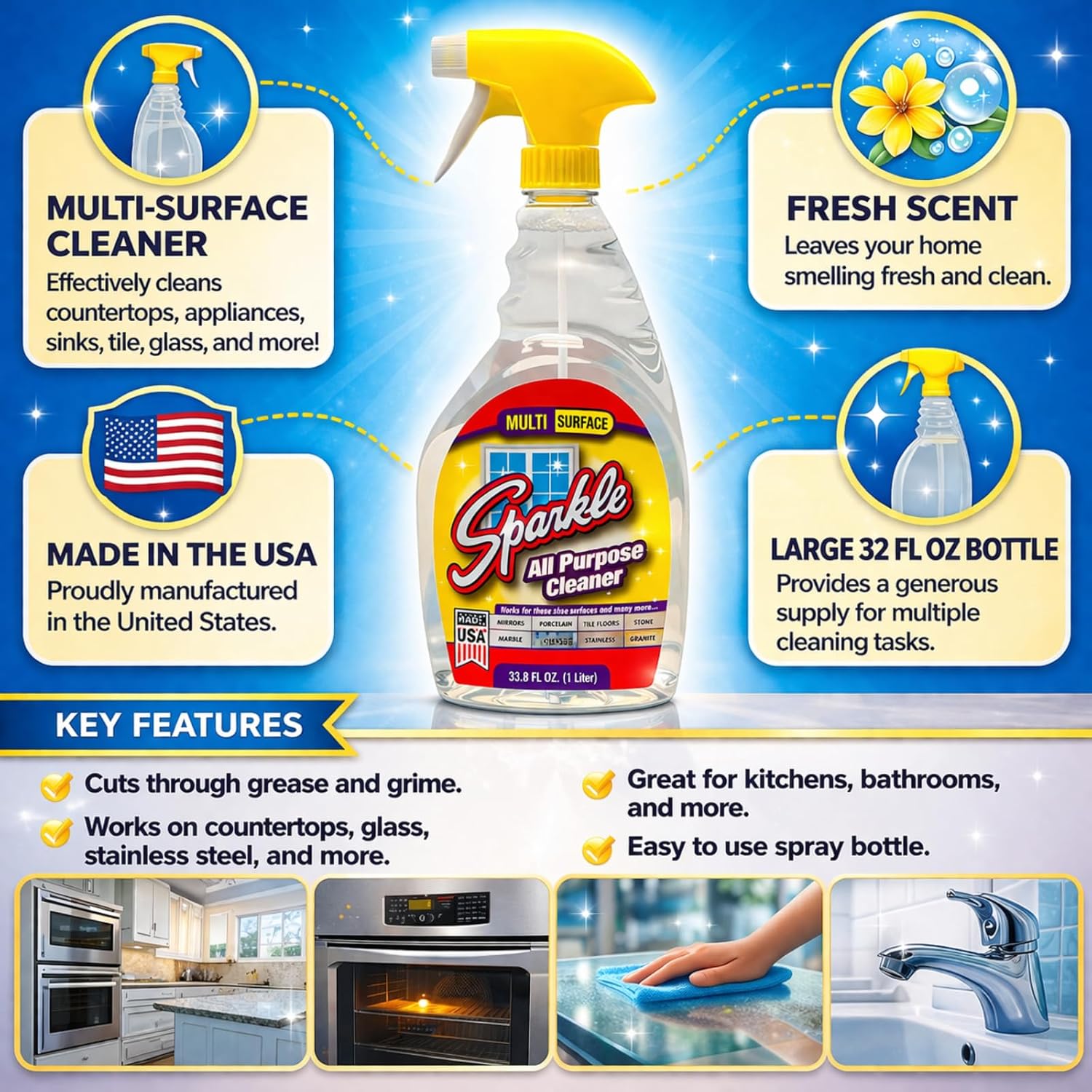 Sparkle All-Purpose Cleaner, Multi-Surface Cleaning Spray for Kitchen, Bathroom, and Home, Removes Grease, Grime, and Dirt, Fresh Scent, 33.8 oz Bottle for Everyday Use (Pack of 6)