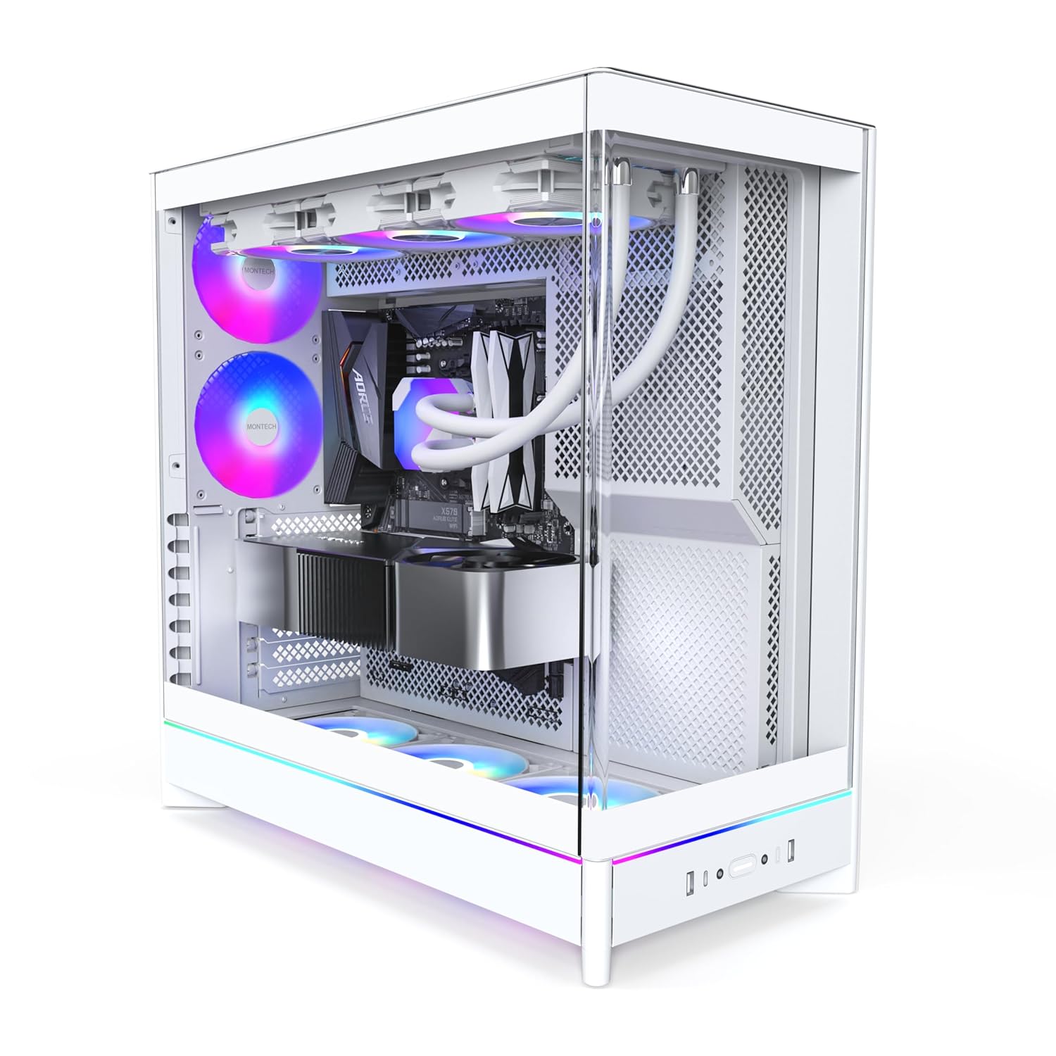 MONTECH HS02 PRO, ATX Mid-Tower PC Case, Gaming PC, High-Airflow, Reversible Layout, Sturdy Curved Tempered Glass Front Panel, 5x ARGB PWM Fan Pre-Installed, Sink-in Design, Toolless Panels, White, US